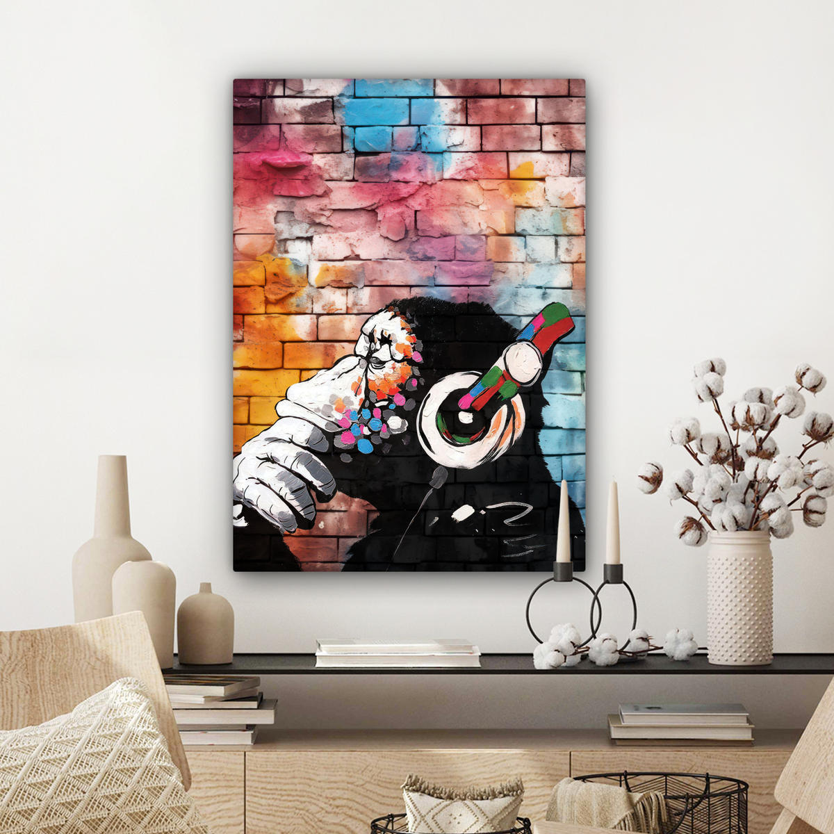 LEINWANDBILD Affe - Graffiti - Musik Wandbild Wohnzimmer 60x80 cm - Multicolor, Textil (60/80cm) - MuchoWow