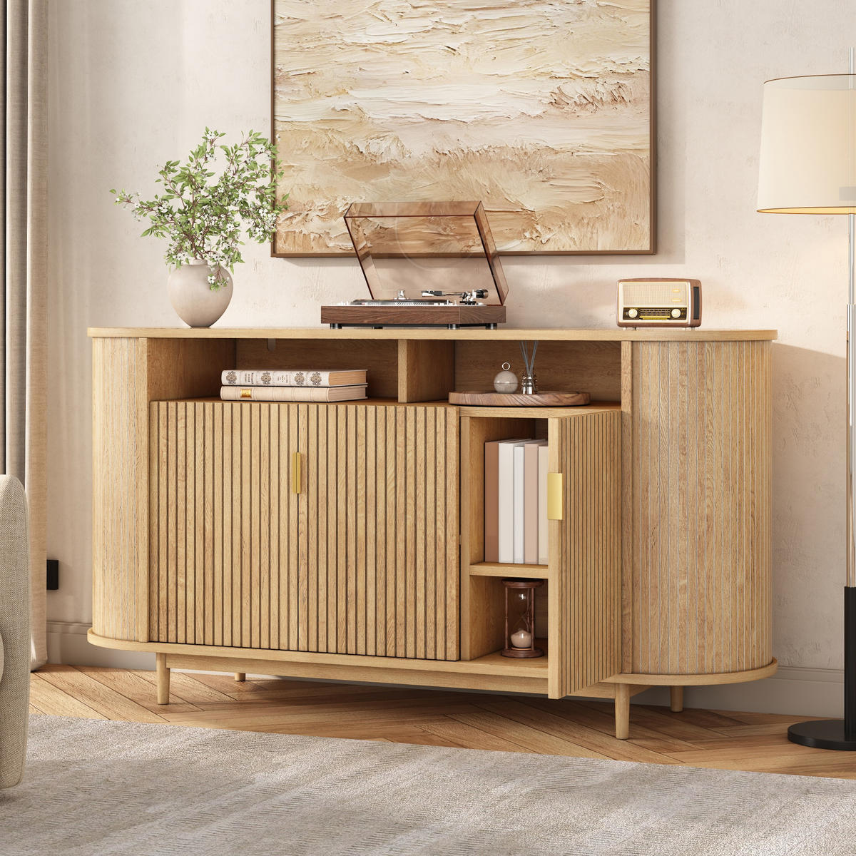 SIDEBOARD 3 Türen mit Holzoptik und Rillenfront - Naturfarben, Holzwerkstoff (140/78/40cm) - FLIEKS