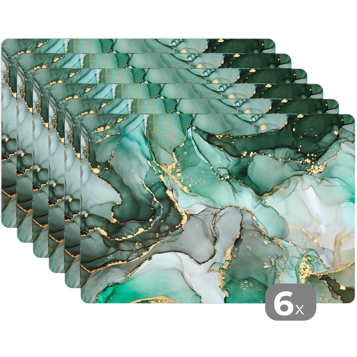 PLATZSETS 6er-Set Gold - Marmor - Grün - Luxus - Marmoroptik - Grau 45x30 cm - Smaragdgrün, Kunststoff (0.3/45/30cm) - MuchoWow