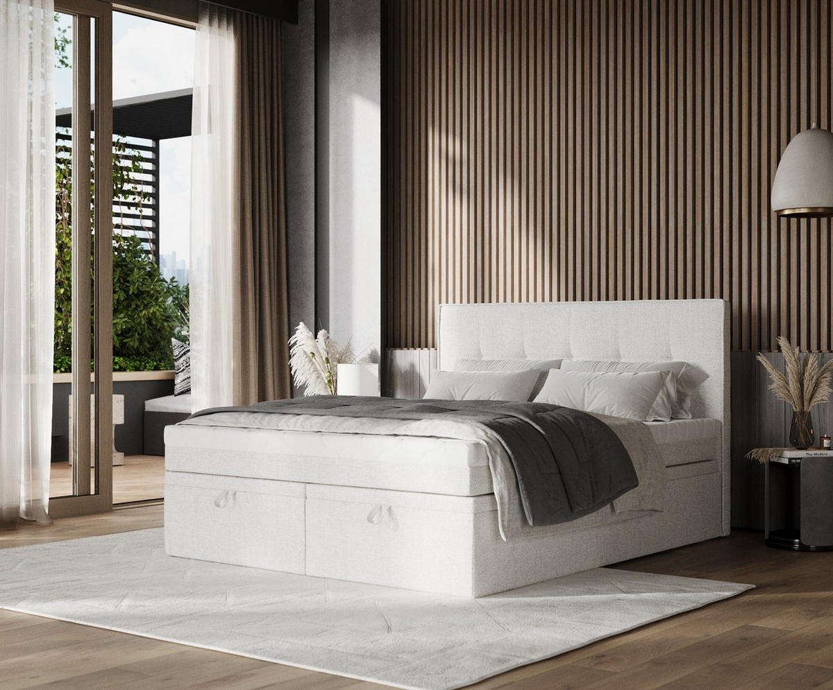 BOXBETT Arivo 160/200 cm Creme im Neve Stoff - Creme/Schwarz, Holz/Holzwerkstoff (160/200cm) - AltaBeds