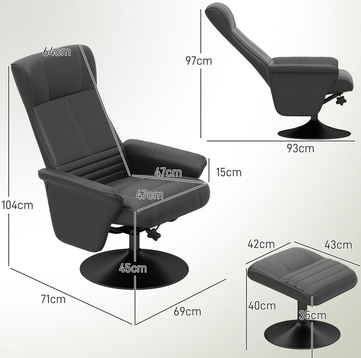 RELAXSESSEL 69/71/104 cm mit Hocker und 360°-Drehfunktion - Schwarz, Textil (71/104/69cm) - BEAOK