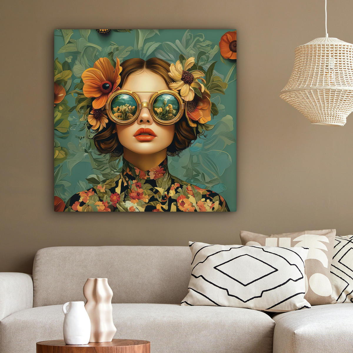 LEINWANDBILD Frau - Blumen - Schmetterlinge - Natur - Vintage Deko Groß 90x90 cm - Salbeigrün, Textil (90/90cm) - MuchoWow