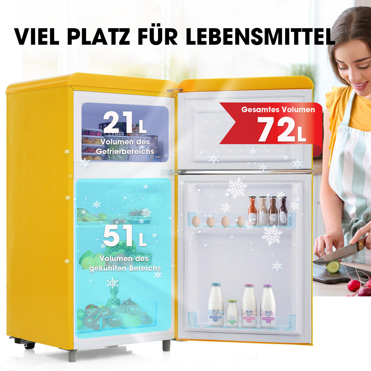 KUHLSCHRANK 46/45/91 cm Gelb 72L mit LED-Licht - Gelb, Metall (45/91/46cm) - Oxeza