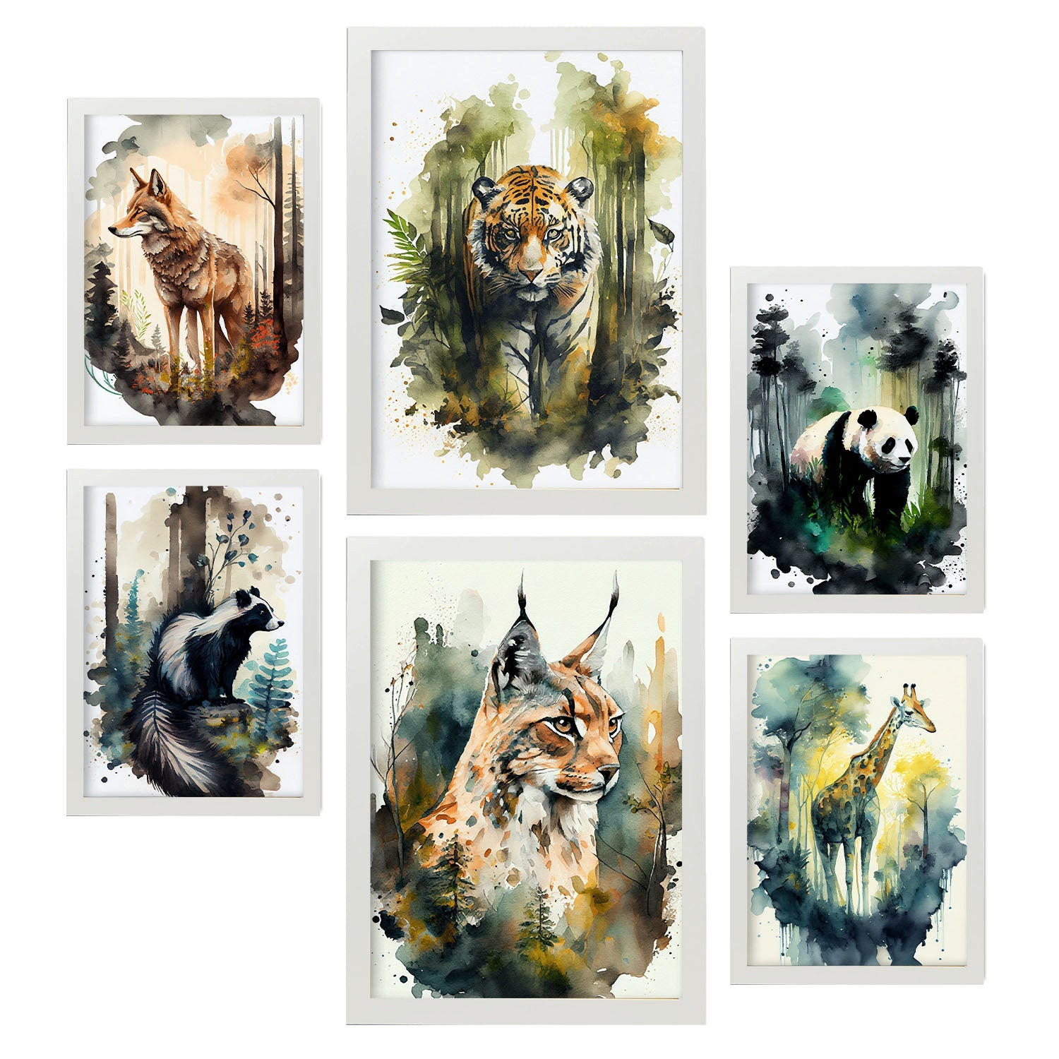 POSTER Set Mit 6 Warm Und Kalt Illustrationen Von Tieren In Naturlandschaften, Realistischer Aquarellstil Innenarchitektur A3 & A4 Weißer Rahmen - Weiß, Papier (29/3cm) - Nacnic