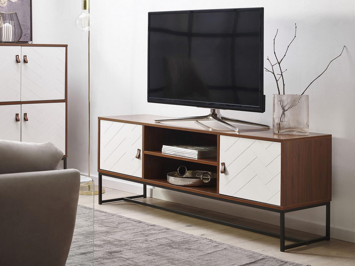 TV-MÖBEL Weiß/Dunkler Holzfarbton/Schwarz Nueva - Dunkelbraun/Schwarz, Holzwerkstoff (150/55/40cm) - Beliani