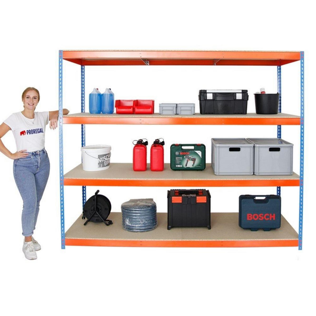 SCHWERLASTREGAL Wood Beast Four HxBxT 200 x 240 x 90 cm 4 Ebenen Fachlast 400 kg Blau-Orange - Gelb, Metall (240/200/90cm) - PROREGAL