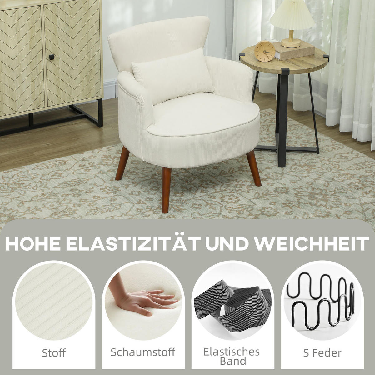 SESSEL mit Rückenlehne, abgerundeten Armlehnen Gepolstert Loungesessel Kordoptik - Beige, Textil (69/78/69.5cm) - HOMCOM