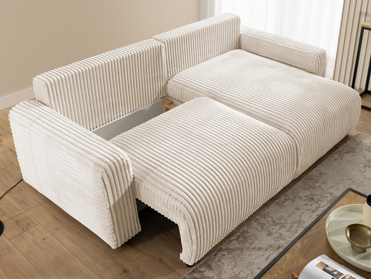 ECKSOFA Calma mit Schlaffunktion und Bettkasten im Bumpy-Design aus weichem Creme Plüschcord - Ottomane rechts - Creme/Schwarz, Holz/Kunststoff (140/239cm) - S-Style