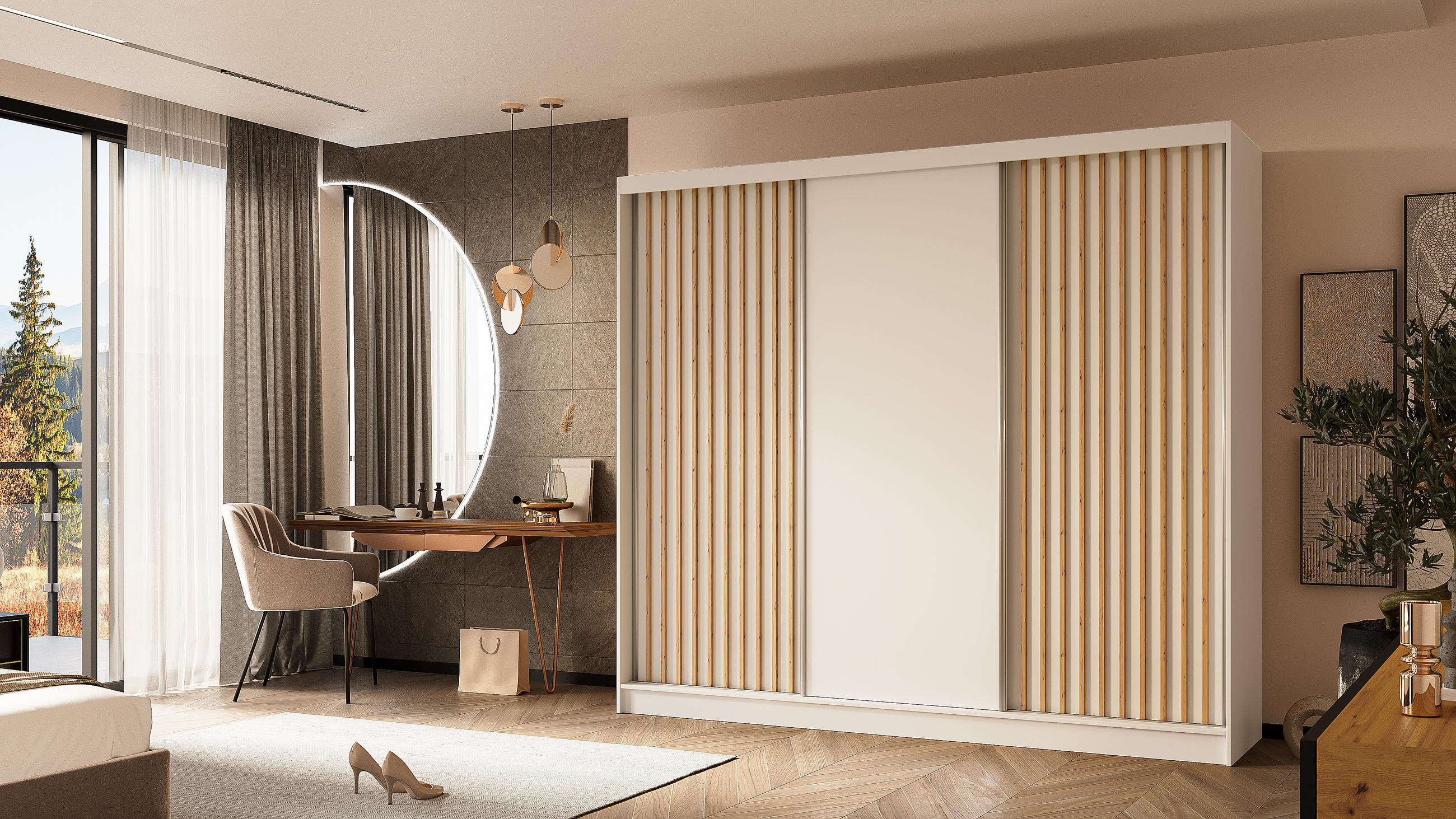 KLEIDERSCHRANK mit furnierten Schiebetüren und Aluminium-Leisten, LED-Beleuchtung - LABELO - 240 cm Weiß+Weiß+Artisan - Weiß/Eiche Artisan, Holzwerkstoff (240/216/61cm) - ALTDECOR