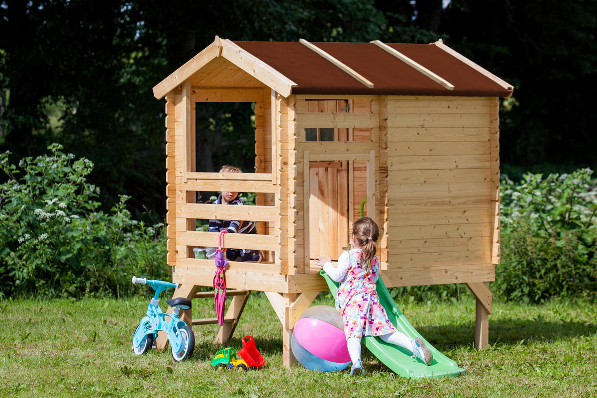 STELZENHAUS mit Rutsche aus Holz - B146xL182xH205 cm/1,1m2 - M501C - Beige, Holz (146/205/182cm) - Timbela