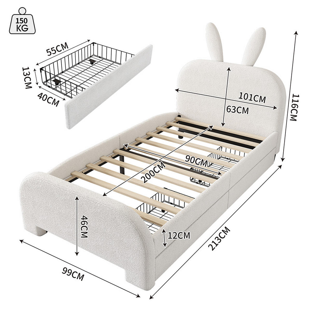 KINDERBETT 90/200 cm in Weiß mit Zwei Schubladen - Weiß, Holz/Textil (90/200cm) - KOMHTOM