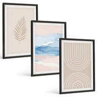 BILDER SET 3er Set - 40x60 cm Schwarzer Rahmen - Blätterwellen beige blau - Schwarz, Kunststoff (40/60cm) - TULUP