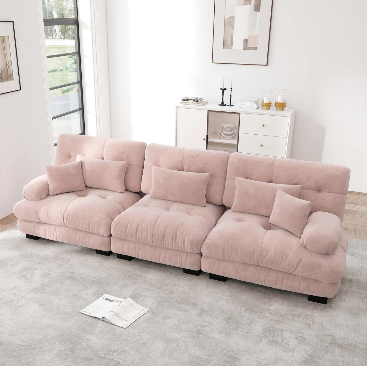SOFA modular mit tiefem Sitz Chenille Pink - Pink, Kunststoff (77/81/313cm) - Meubliv