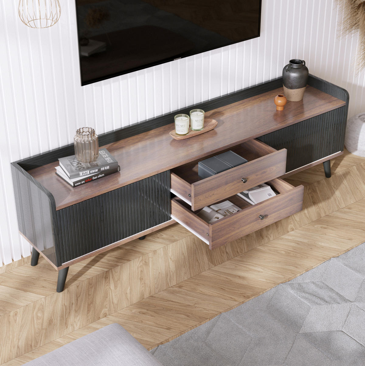TV ormarić 160/40/58 cm crni i u boji prirodnog drva od iverala s kliznim vratima i 2 ladice - crna, drvni materijal (160/58/40cm) - OKWISH