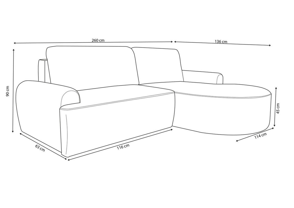 ECKSOFA Dream Cord in L-Form mit Schlaffunktion und Bettkasten, Farbe: Schwarz, Cordstoff, Ottomane Rechts - Schwarz, Textil (260/136cm) - VENASI MÖBEL