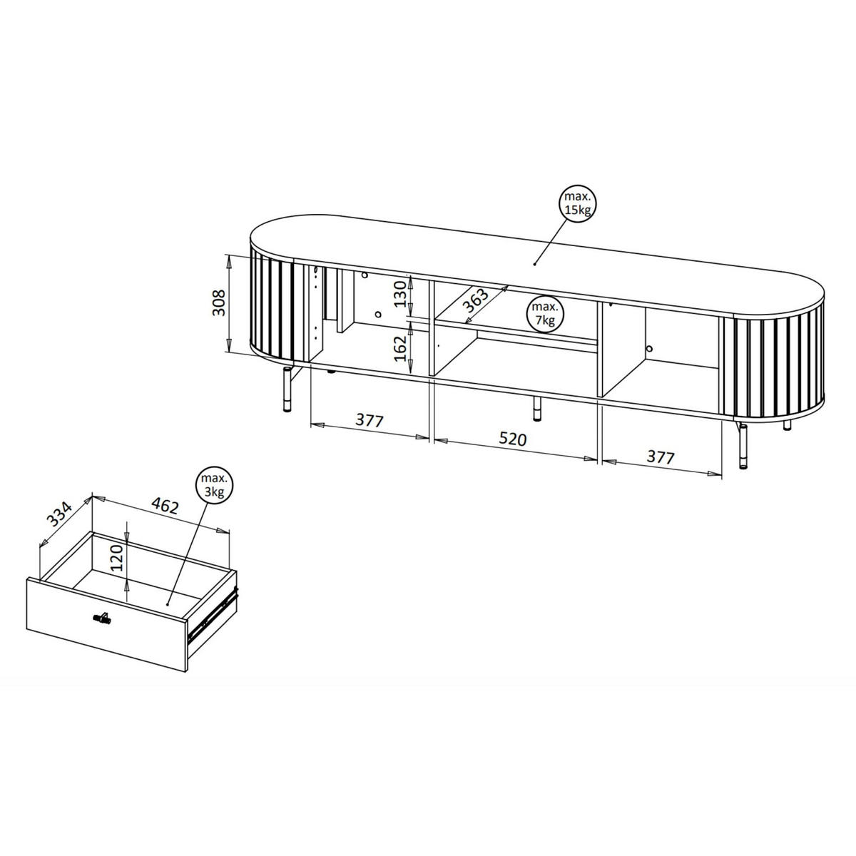 TV stolík Zante čierny 180/49/40 cm - čierna, kov/kompozitné drevo (180.1/49/40cm) - Selsey
