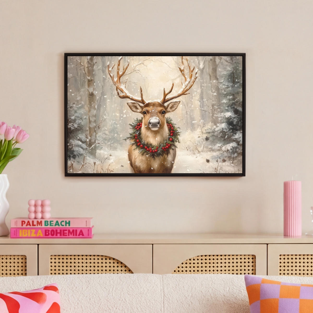LEINWAND Bilder mit Rahmen - Weihnachten - Rentier - Winter - Kranz - 60x40 - Naturfarben, Textil (60/40cm) - MuchoWow