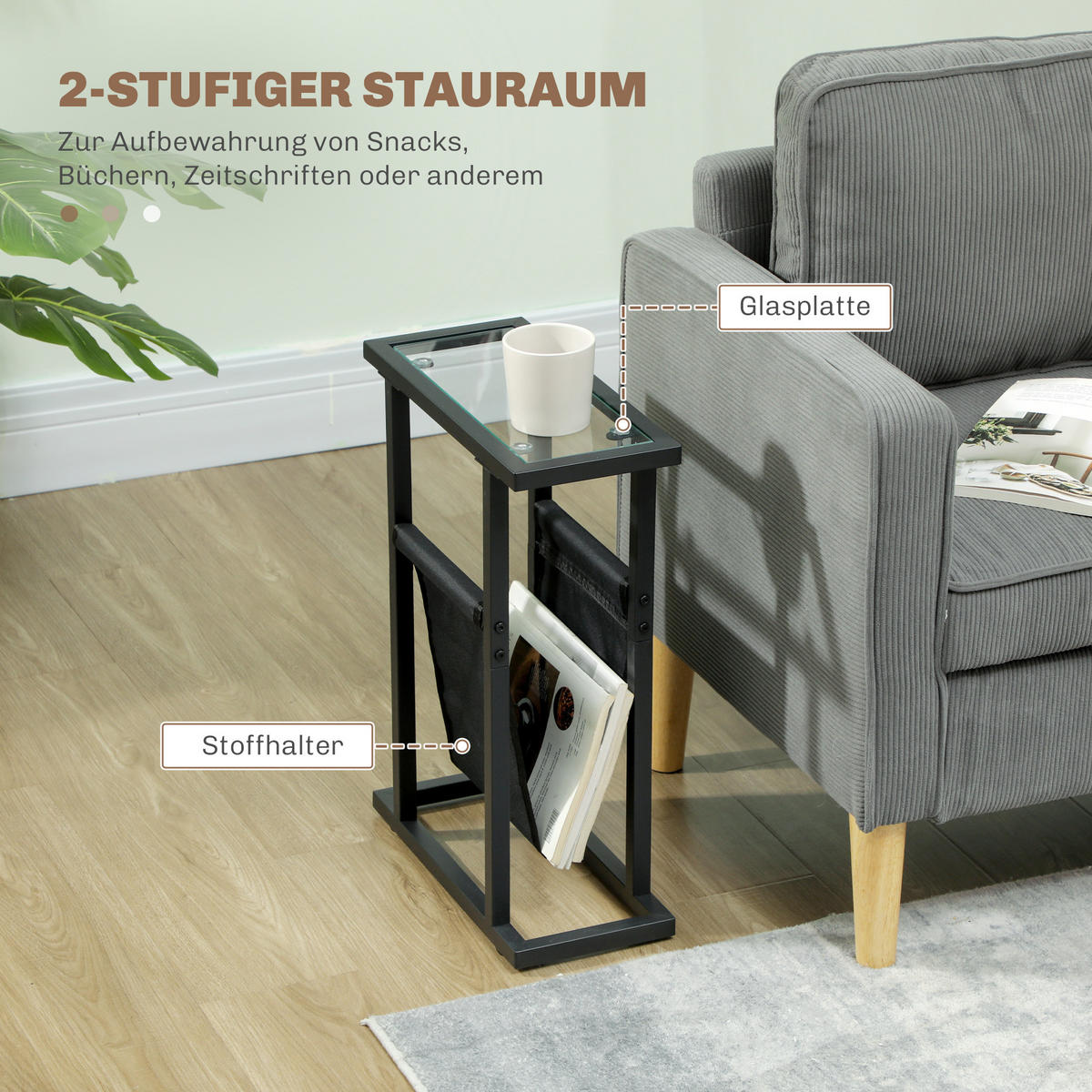 BEISTELLTISCH Couchtisch mit Stofftasche, Schwarz, 40 x 18 x 55,5 cm - Schwarz, Metall (18/40/55.5cm) - HOMCOM