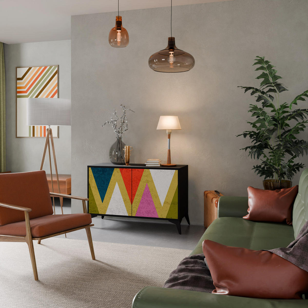 SIDEBOARD COLORFUL TRIANGLES, Eicheneffekt, 111x42x77,5 cm, 2 Türen - Eichefarben/Buchefarben, Holzwerkstoff/Buchenholz (111/77.5/42cm) - SpaceRebels