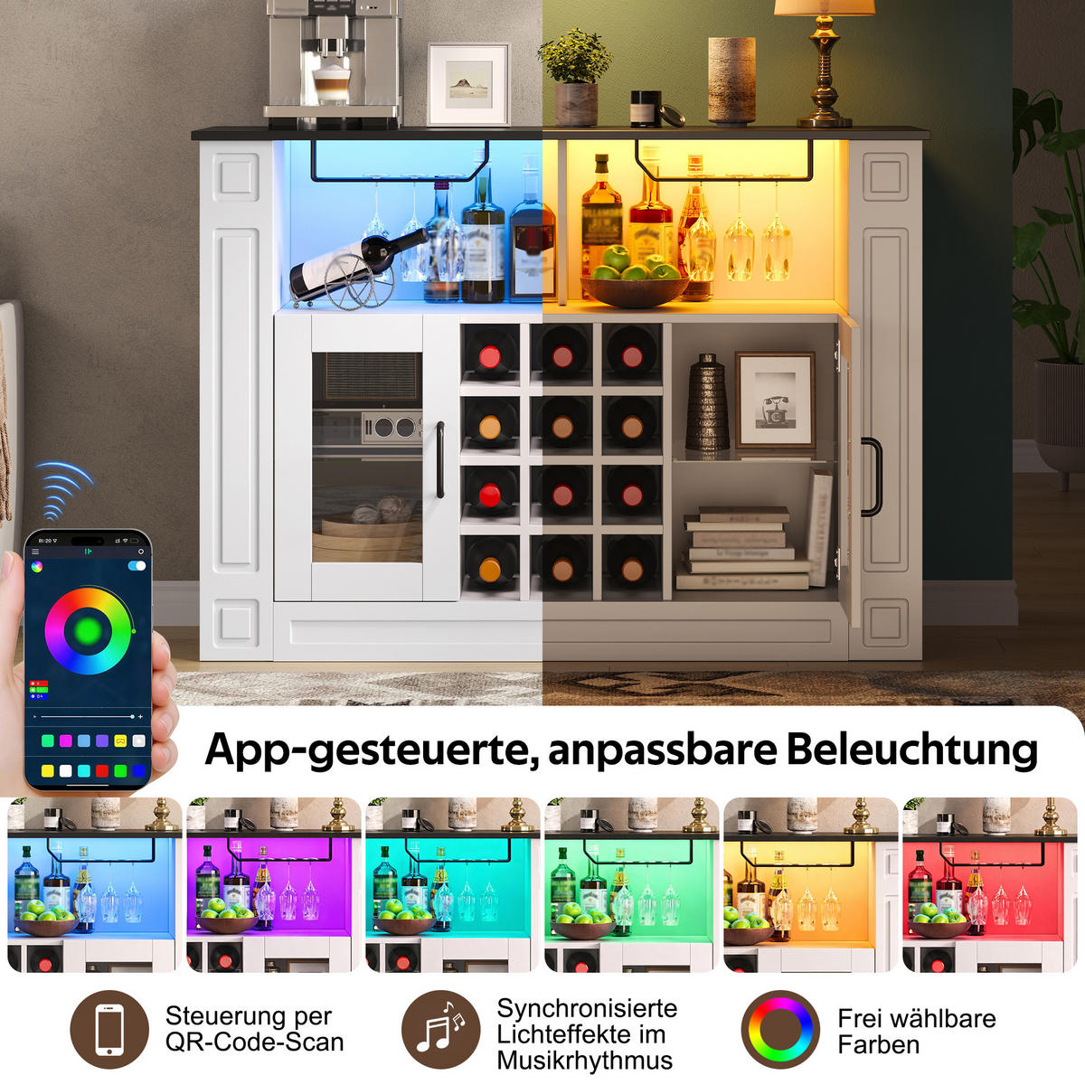 WEINSCHRANK DE-38730 120/35/84 cm LED-Beleuchtung und 12 Weinfächer Weiß - Weiß, Holzwerkstoff (120/84/35cm) - ComfortXL