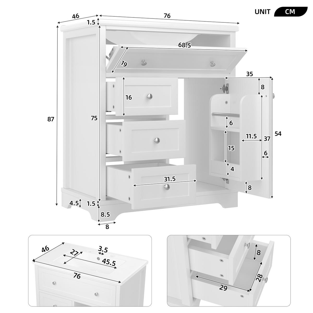 BADEZIMMERSCHRANK mit Waschbecken 76 x 46 x 87 cm Weiß - Weiß, Holzwerkstoff (46/87/76cm) - Beauniv