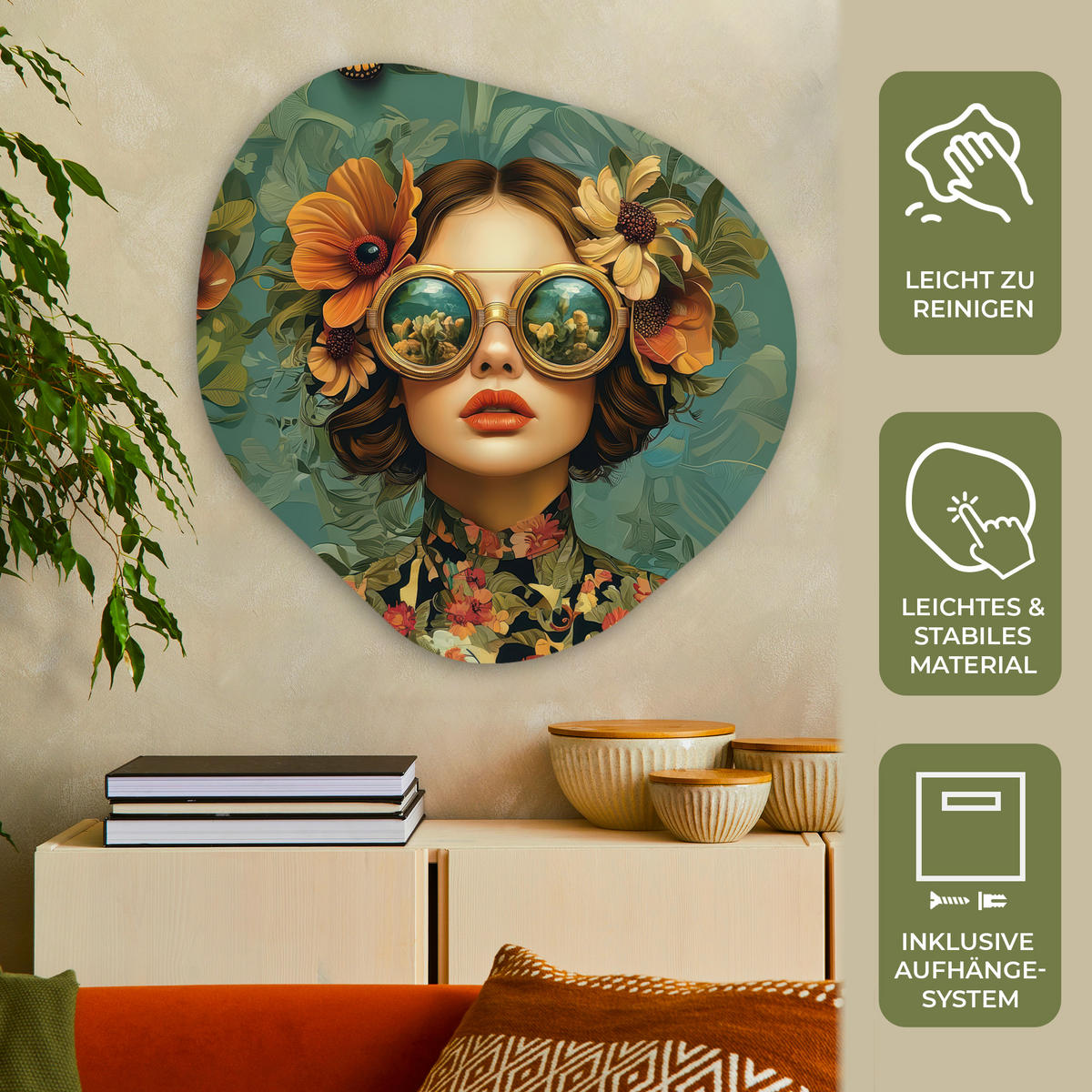 WANDBILD Frau - Blumen - Schmetterlinge - Natur - Vintage 90x90 cm - Petrol, Kunststoff (90/90cm) - MuchoWow