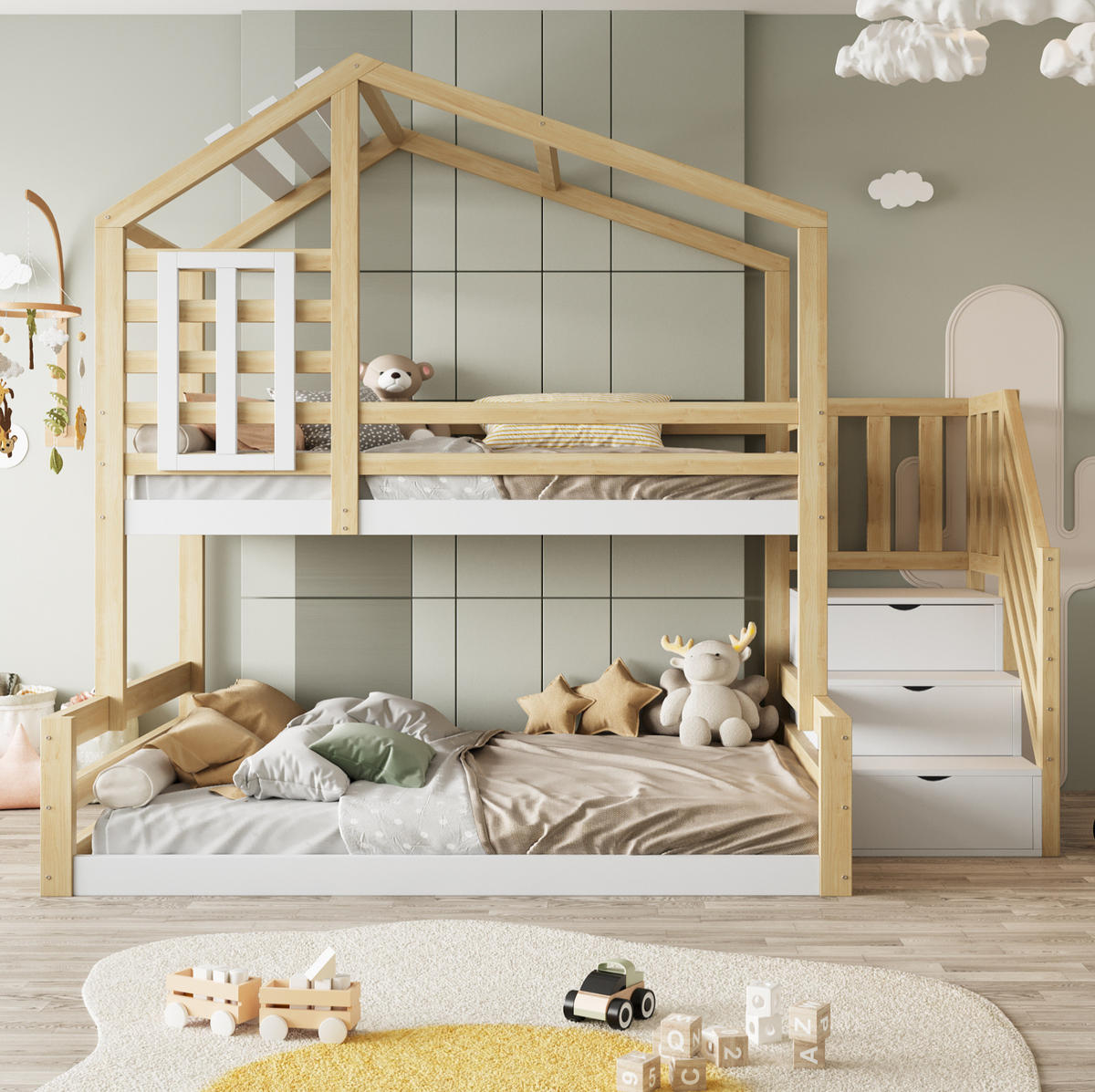 ETAGENBETT mit Stauraumtreppe 90x200/140x200 cm Kiefernholz Natur - Braun, Holzwerkstoff (140/200cm) - Beauniv