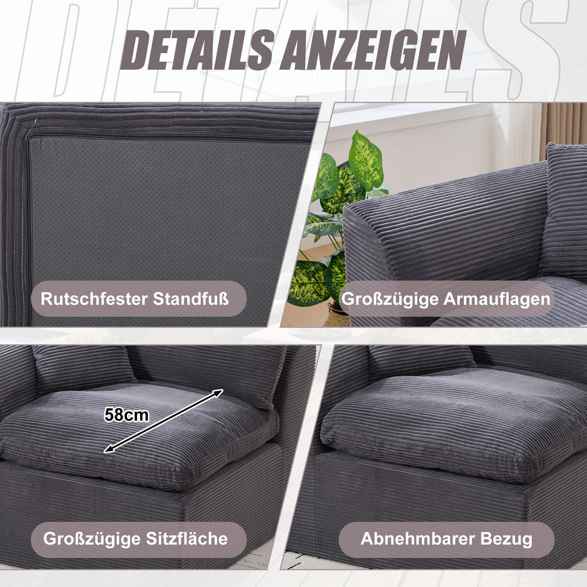 SESSEL Cord-Sofa mit Federkern-Polsterung und Kissen, Montagefrei - Dunkelgrau, Textil (101/84/102cm) - Urban Meuble