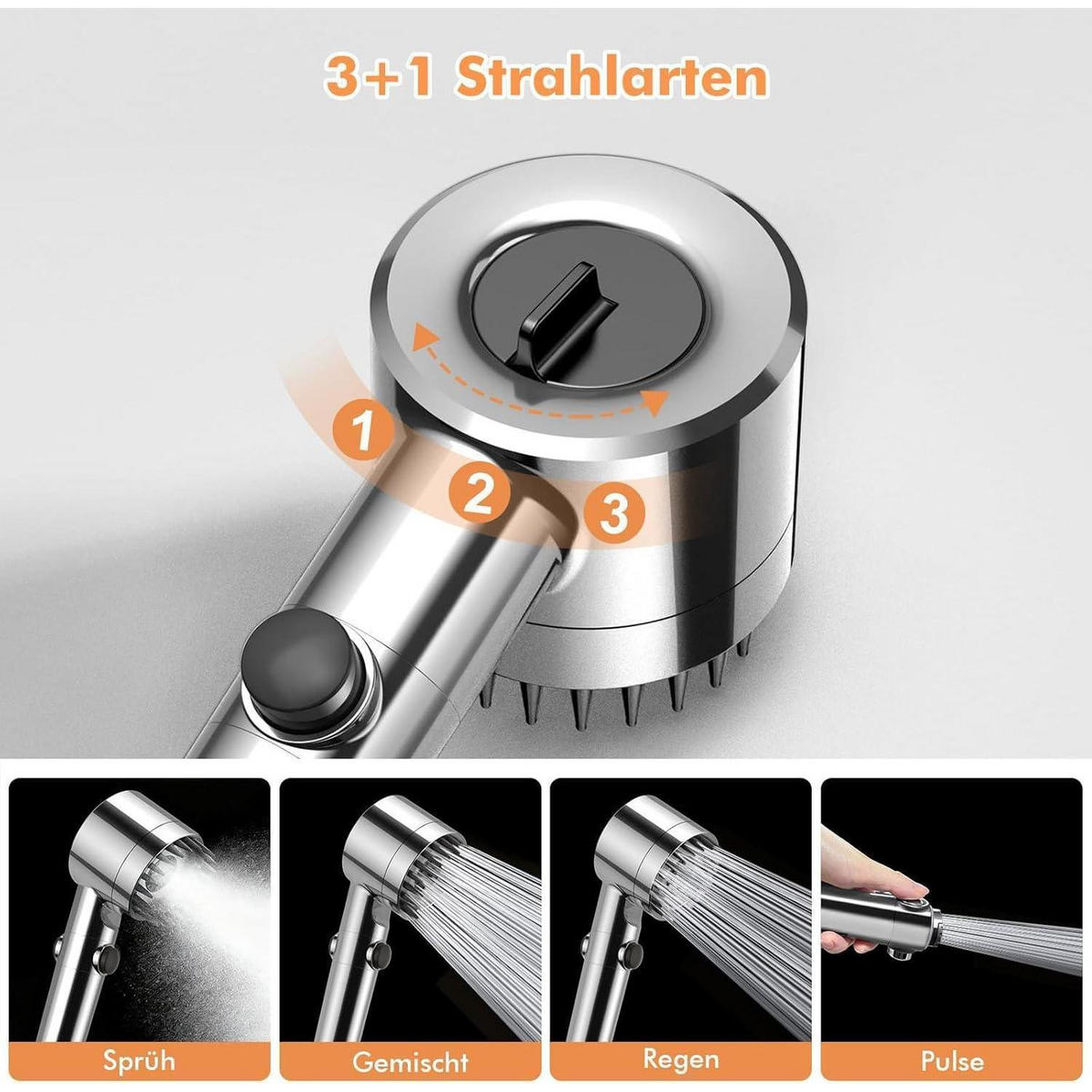 HANDBRAUSE mit 15-Schicht-Filter und 3+1 Strahlarten - Silberfarben, Metall (9/12.7/27cm)