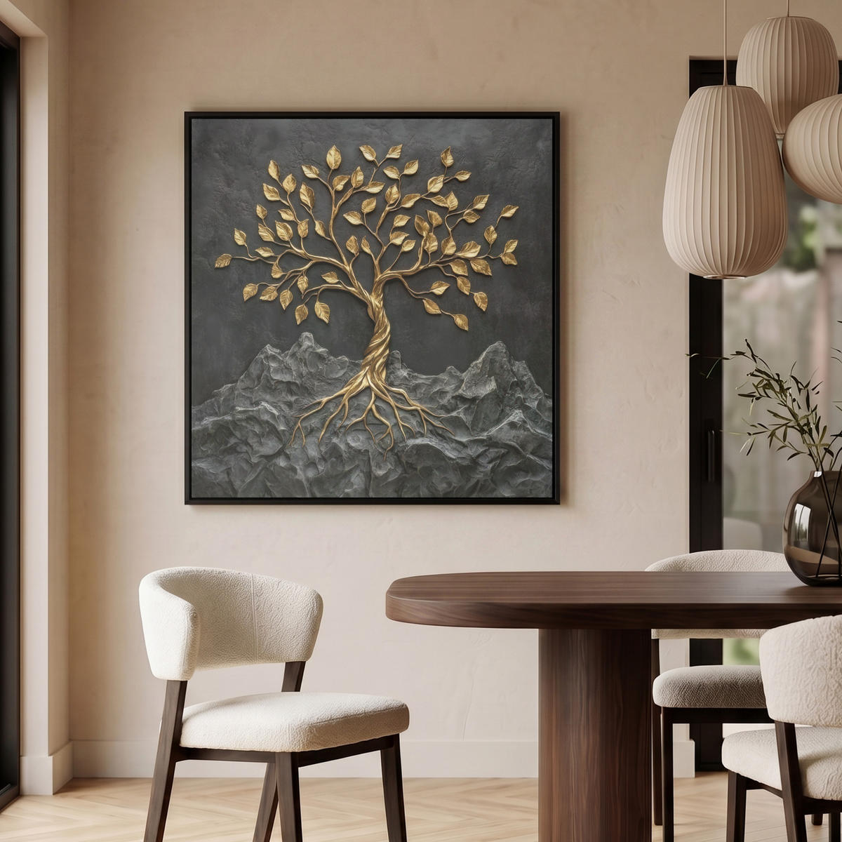 LEINWAND Bilder mit Rahmen - Blätter - Gold - Baum - Fels - 90x90 - Schwarz, Textil (90/90cm) - MuchoWow