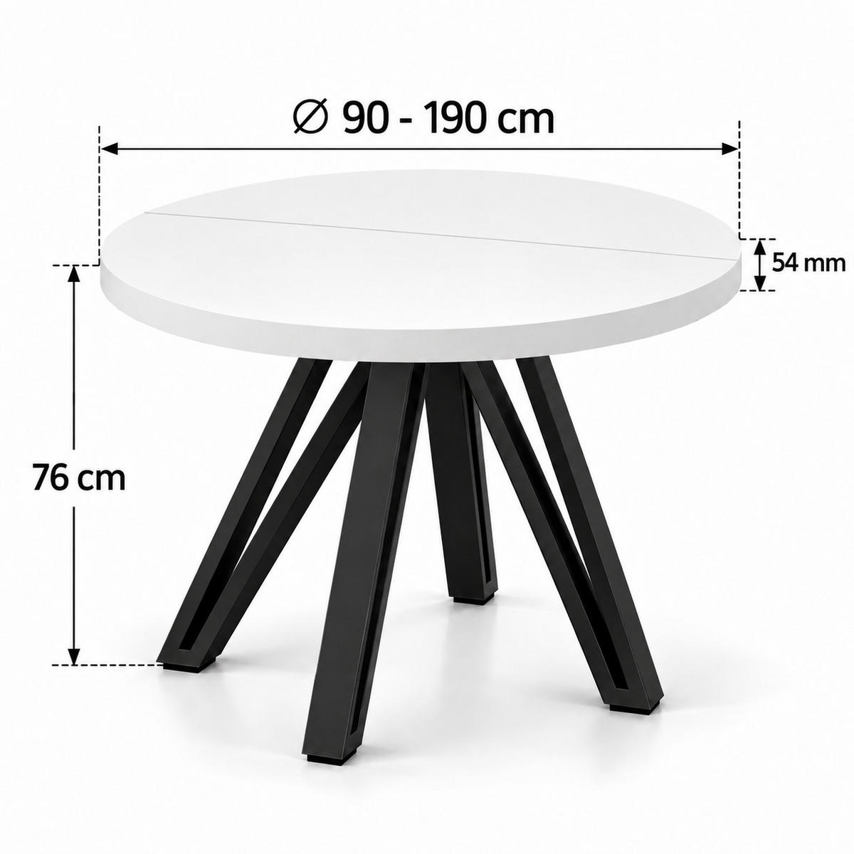 ESSTISCH rund ausziehbar 90/190/76 cm, Weiß, 54 cm Tischplatte + Industrial Metallgestell Schwarz - Schwarz/Weiß, Holzwerkstoff/Metall (90/190/76cm) - Damale Möbel