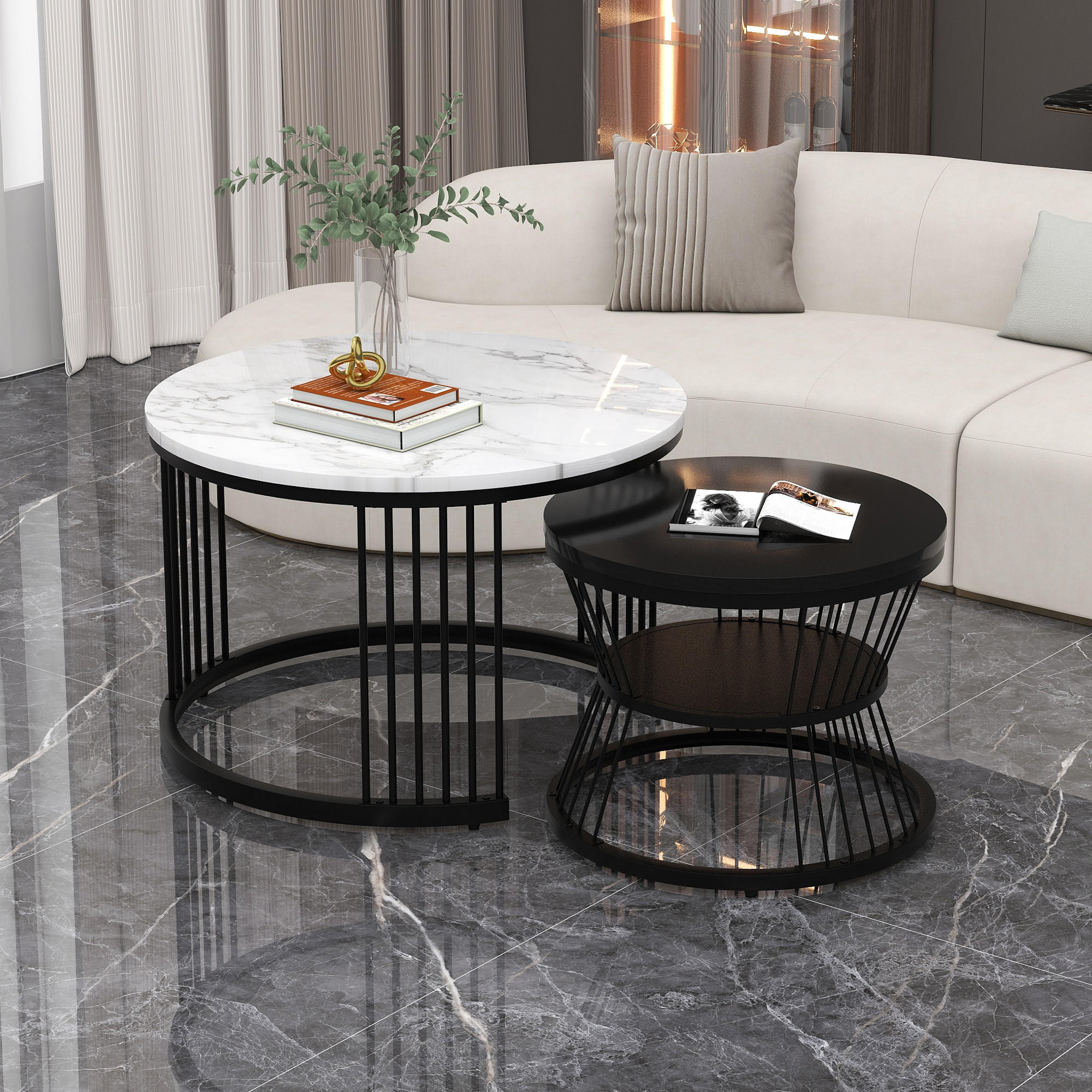 COUCHTISCHSET schwarz und weiß - Schwarz/Weiß, Holzwerkstoff/Metall (70/70/45.5cm) - Urban Meuble