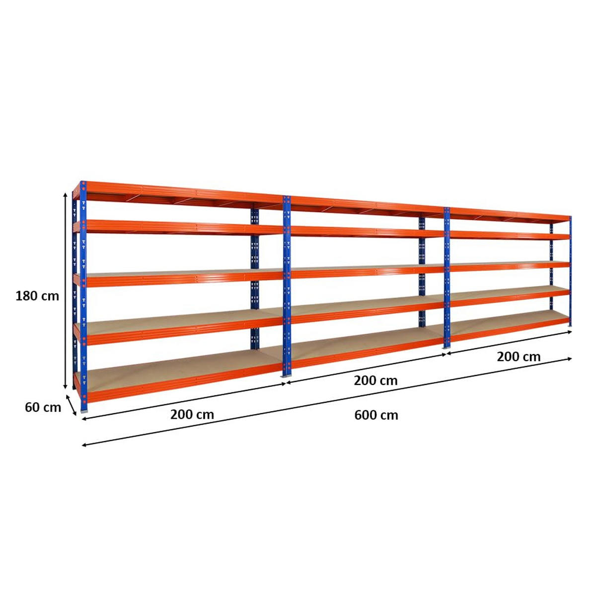SCHWERLASTREGAL Rhino 3er-Set mit 3x 180x200x60 cm 5 Spanplatten-Ebenen 8mm Fachlast 500 kg Blau/Orange - Orange, Metall (600/180/60cm) - PROREGAL