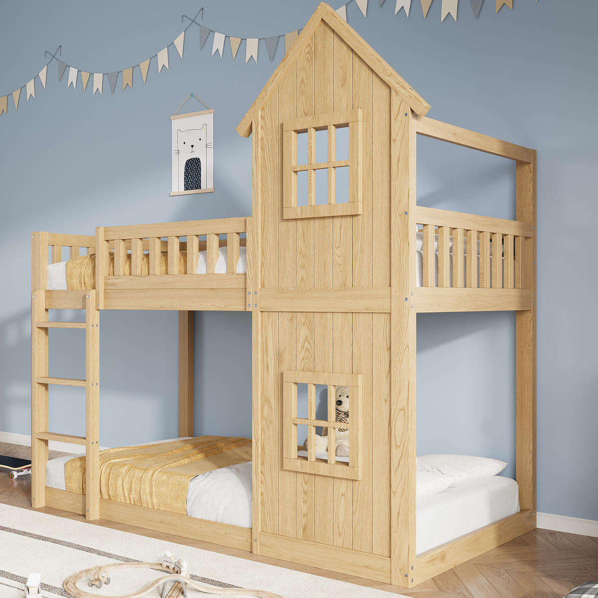 ETAGENBETT 90/200 cm in Natur mit Hausform, Fenstern und Treppe - Naturfarben, Holz/Holzwerkstoff (90/200cm) - WISHDOR