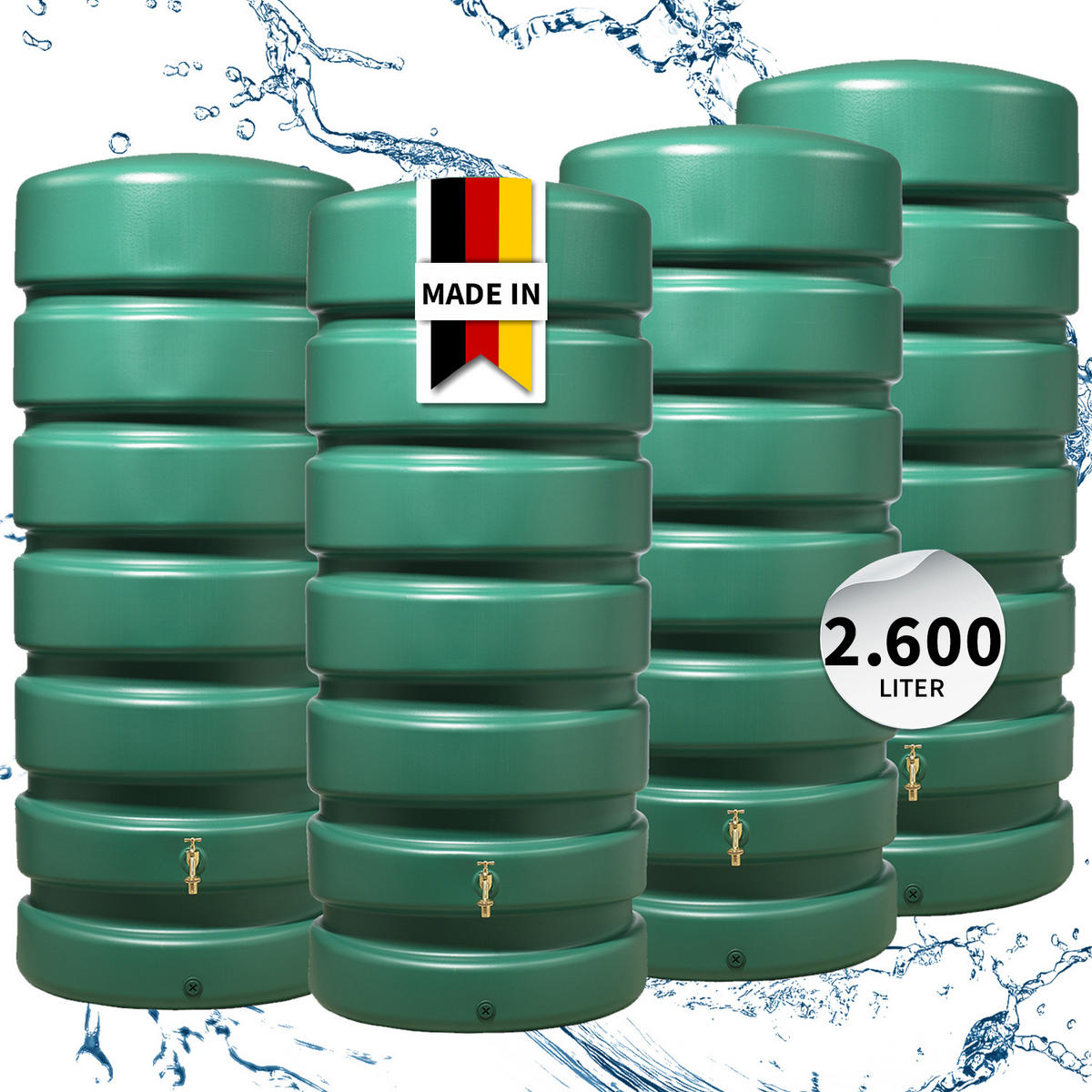O Regentonnen-Set 2600 L, dunkelgrün 4 x O 650 L, inkl. Verbinder - Grün, Kunststoff (60/192/335cm) - GARANTIA