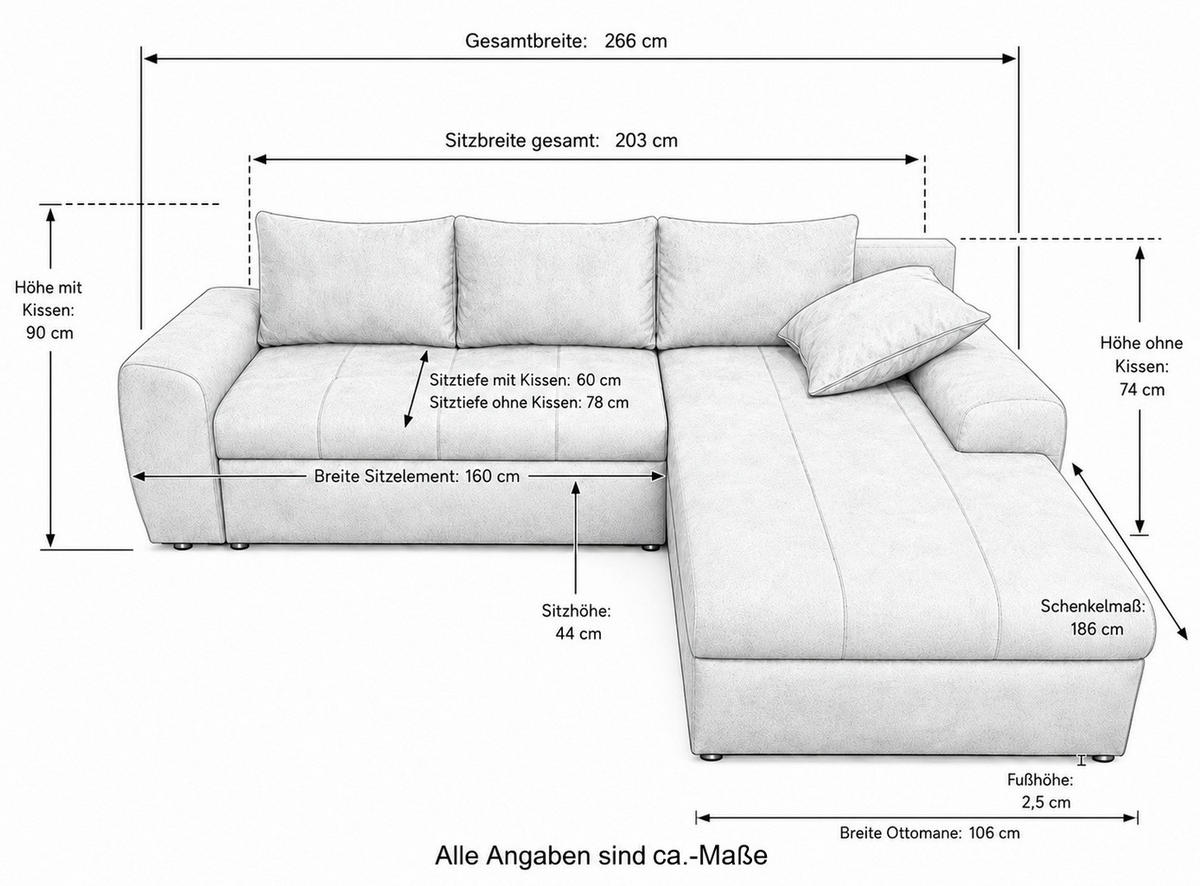 ECKSOFA mit Schlaffunktion, Bettkasten, Wellenunterfederung, Ottomane rechts B266/T186/H90 cm, Mikrofaser Leder-Optik Vintage Schwarz / 18013 - Schwarz, Kunststoff/Textil (266/186cm) - luma-home
