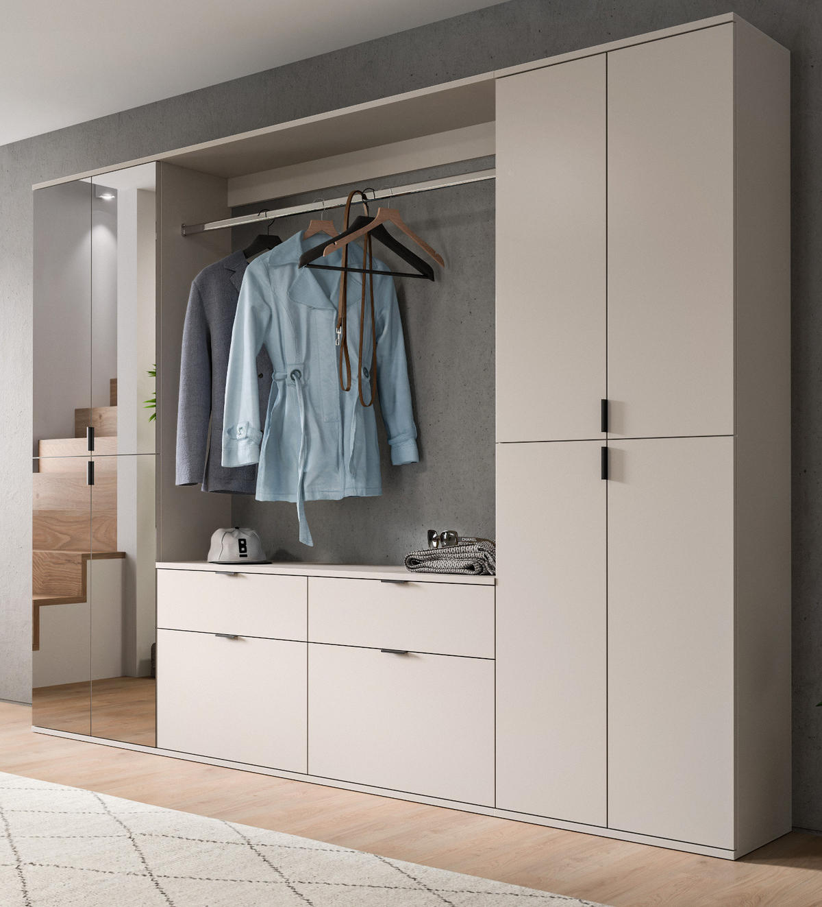 GARDEROBEN-SET Kaschmir 243 x 193 cm, Schuhschrank mit Spiegel - Kaschmir/Schwarz, Glas/Holzwerkstoff (243/193/34cm) - Inn.Furn