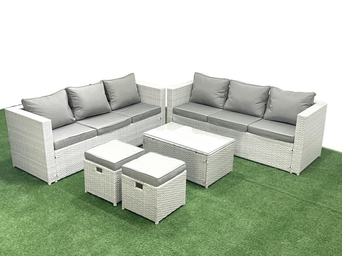 GARTENGARNITUR mit 3-SITZER SOFA,COUCHTISCH Polyrattan Hellgrau-Mix 8-Sitzer - Hellgrau/Grau, Glas/Kunststoff - Fimous