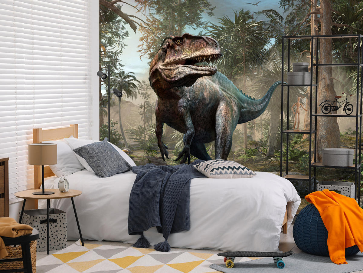 FOTOTAPETE für Jugendzimmer Realistischer Dinosaurier Dschungel Palmen 350x256 - Beige/Schwarz, Papier (350/256cm) - Muralo