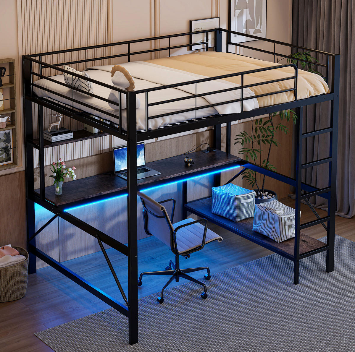 HOCHBETT aus Metall und MDF 140x200 cm Schwarz mit Schreibtisch, Regal, LED-Licht und USB-Anschluss - Schwarz, Metall (140/200cm) - IVMEU