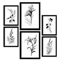 POSTER Set Mit 6 Ansteckblumen Natur Und Botanikdrucke Mit Blumenmotiven In Klassischem Schwarz Und Weiß Innenarchitektur A3 & A4 Schwarzer Rahmen - Schwarz, Papier (29/3cm) - Nacnic
