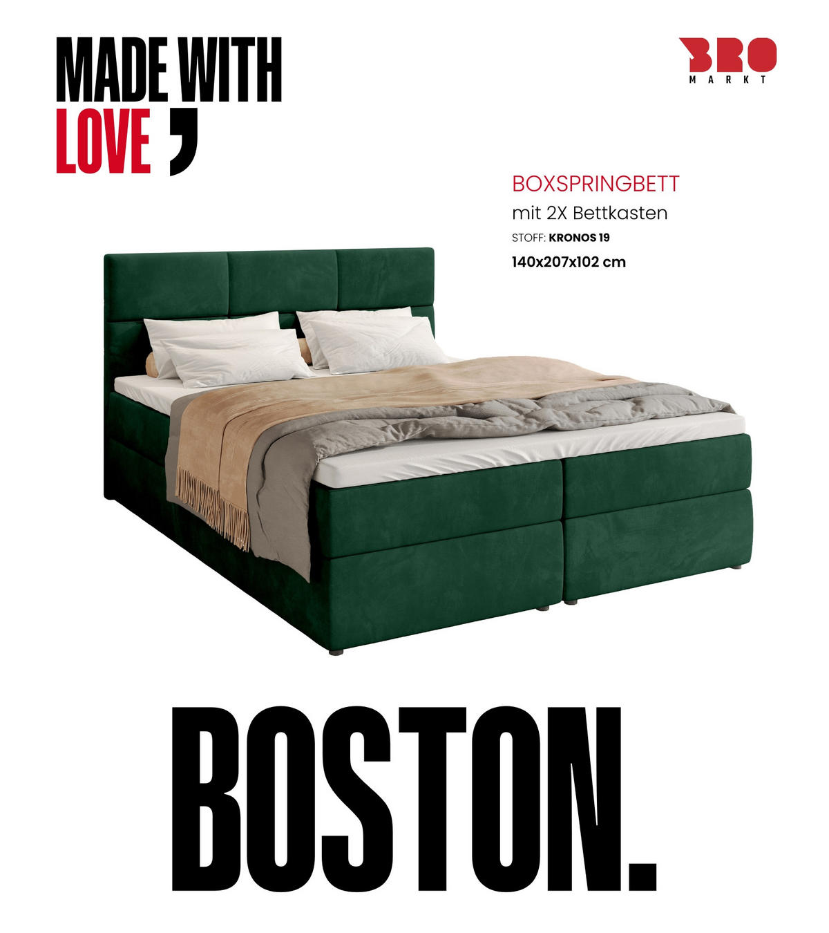 BOXBETT Boston mit Topper 140/200 Grün - Grün, Holzwerkstoff/Textil (140/200cm) - Bromarkt