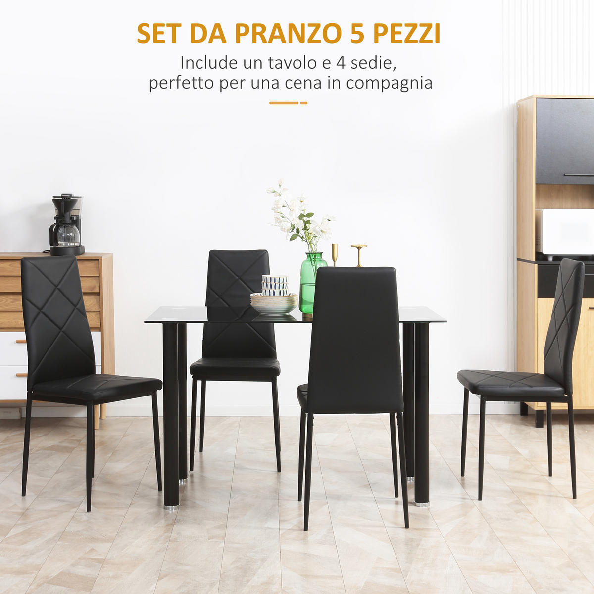 ESSGRUPPE, Glas Tisch+4 Stühle, schwarz - Schwarz, Glas (60/75/120cm) - Vallsero
