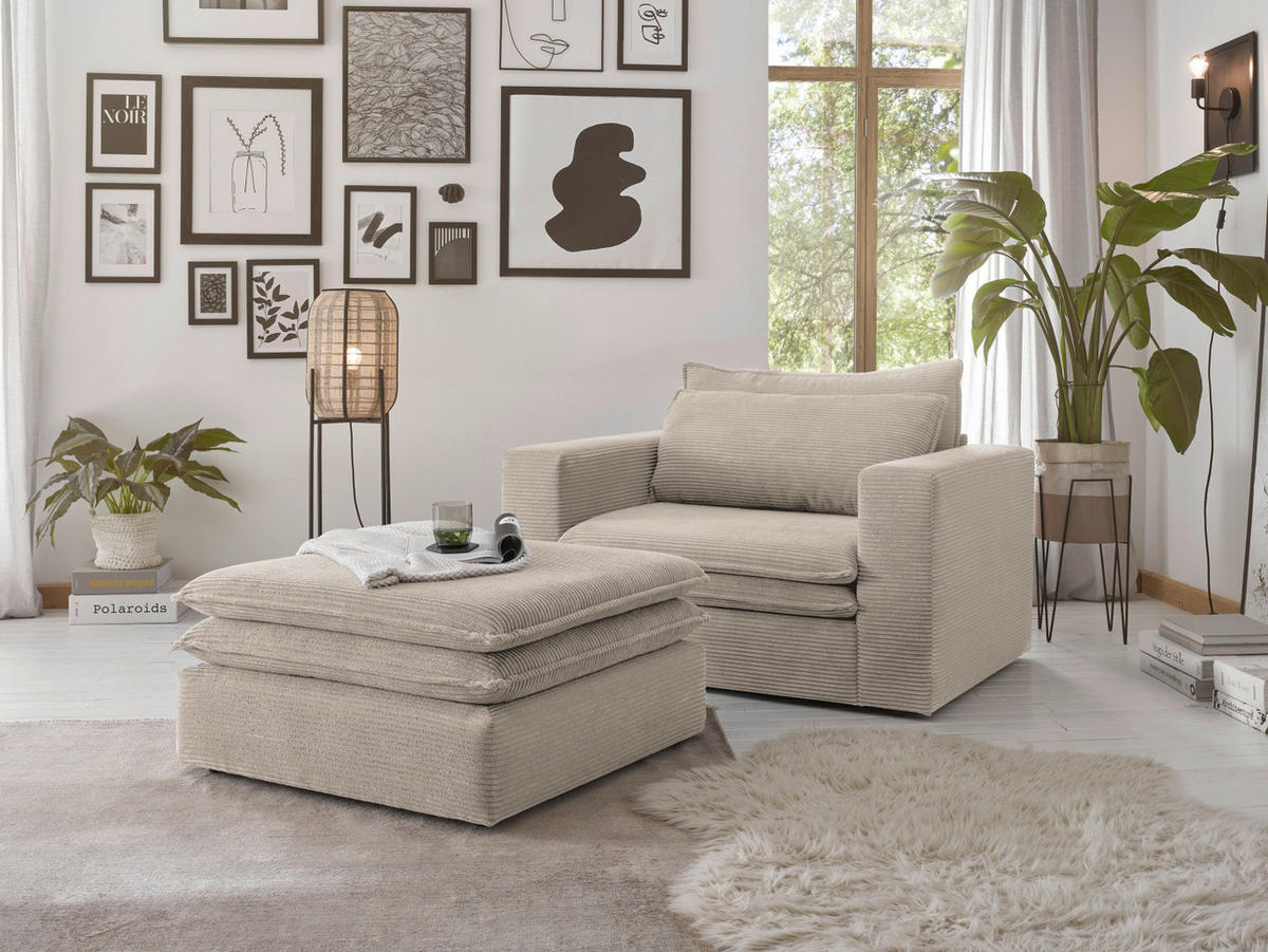LOVESEAT Set beige Cord, Loungesessel inklusive Hocker - Beige, Holz/Kunststoff (176/83/125cm) - Furn.Design
