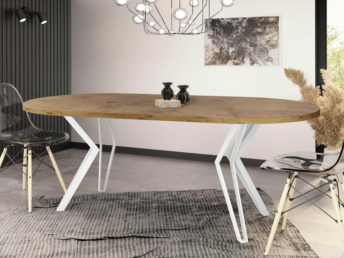 ESSTISCH Austin runder ausziehbarer, Lancelot Eiche 120-200/100/76 cm - Eichefarben/Weiß, Holzwerkstoff/Metall (120/120/76cm) - WFL GROUP