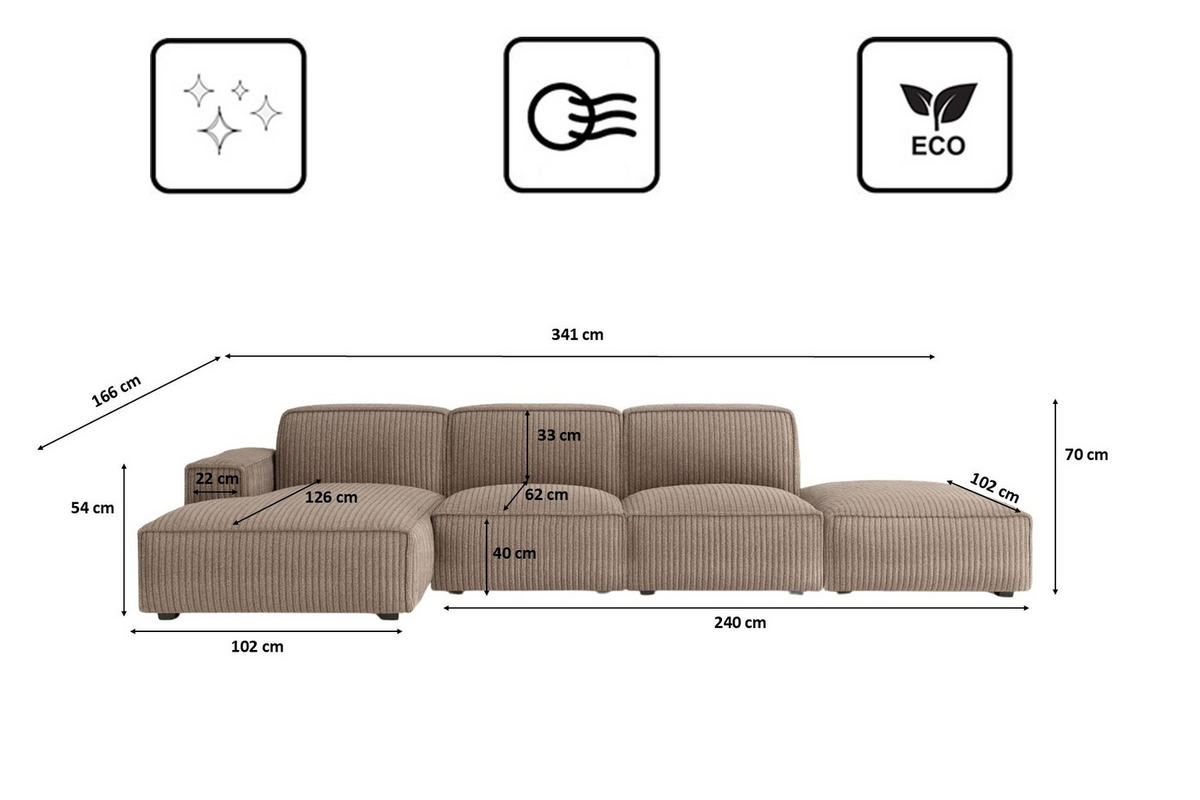 ECKSOFA Cursal L-Form, Stoff Poso, Dunkelbeige + Hocker, Links - Beige, Holz (341/166cm) - Kaiser Möbel