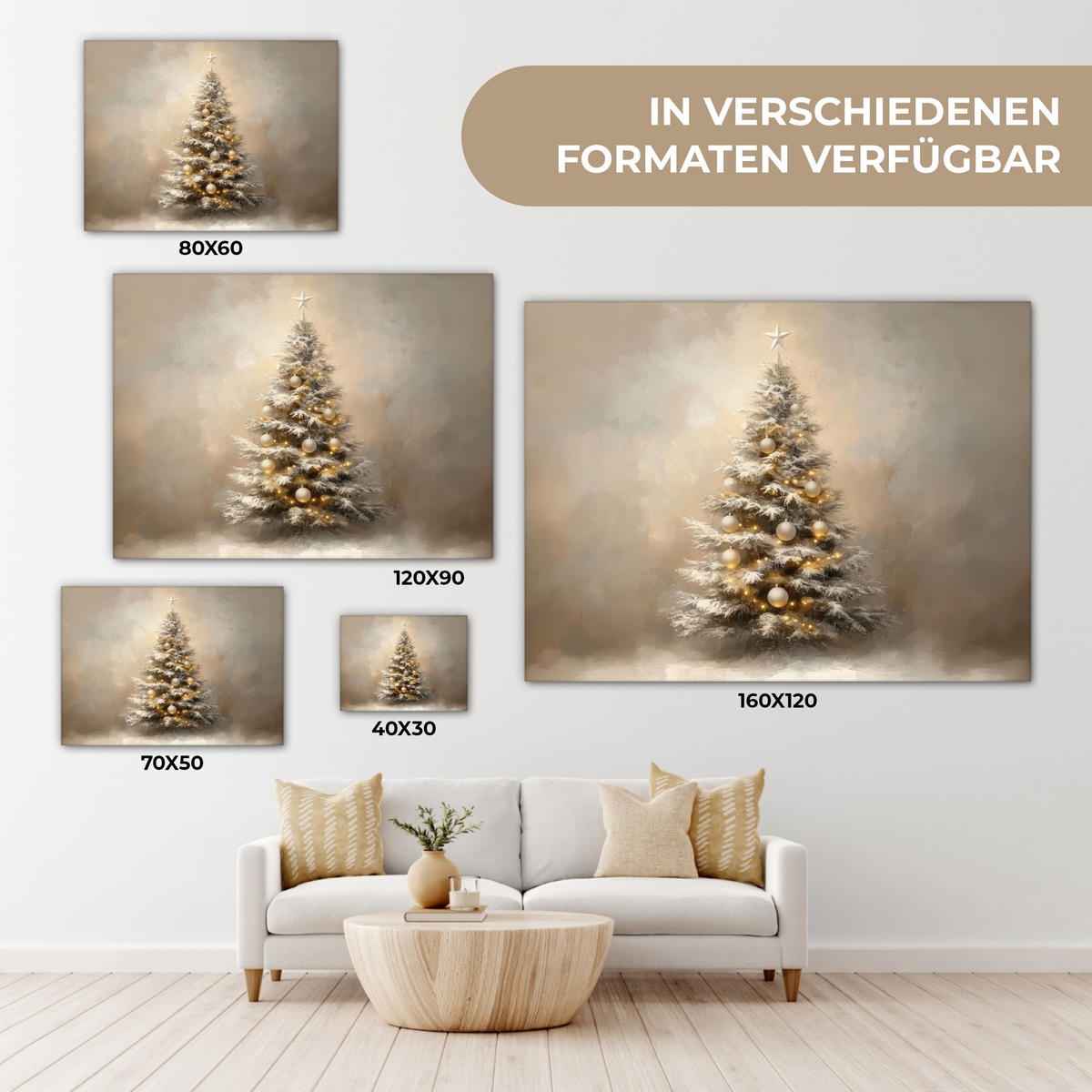 LEINWANDBILD Weihnachten - Weihnachtsbaum - Schnee - Kunst Wandbilder 80x60 cm - Champagner, Textil (80/60cm) - MuchoWow