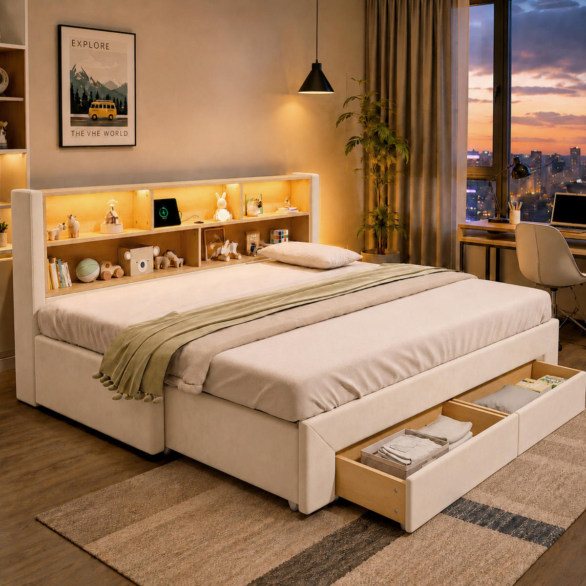 POLSTERBETT 90/200 cm & 90/200 cm in Beige Samt mit 2 Schubladen, LED und USB - Beige, Holzwerkstoff/Textil (90/200cm) - STILVORA