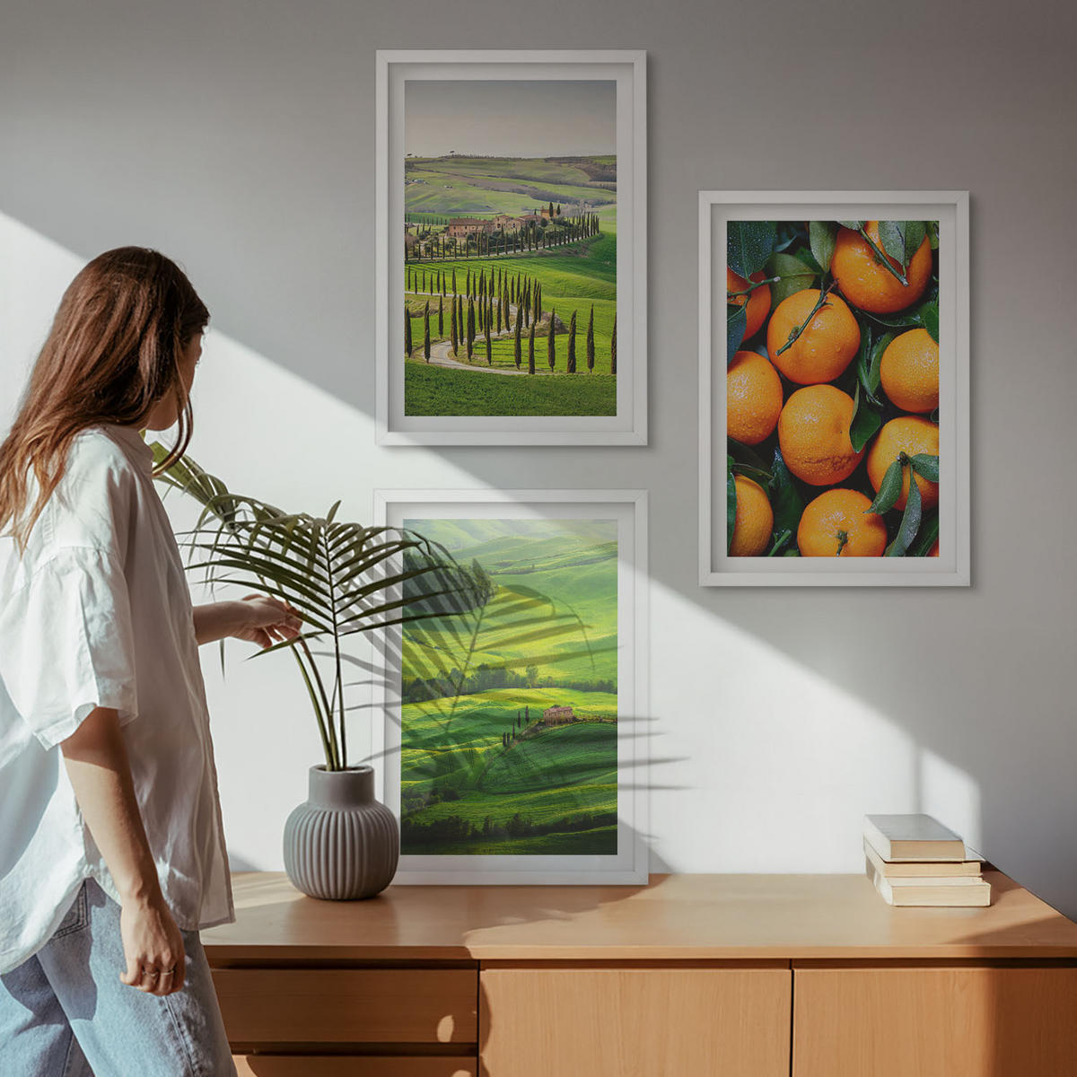 WANDBILDER 3er-Set - 40x60 cm Weißer Rahmen - Italienische Landschaft mit Orangen - Weiß, Kunststoff (40/60cm) - ArtPrintCave
