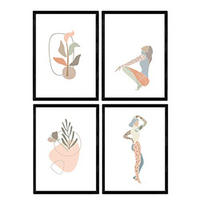 POSTER Set mit 4 Pastelltöne und Nordic weiblichen Figuren Blumen A3 Schwarzer Rahmen - Schwarz, Papier (29.7/3cm) - Nacnic